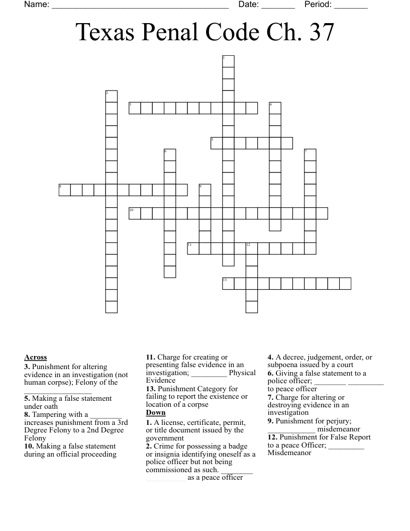 Texas Penal Code Ch. 37 Crossword