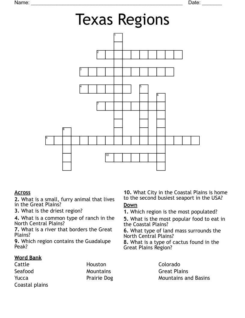 Texas Regions Crossword