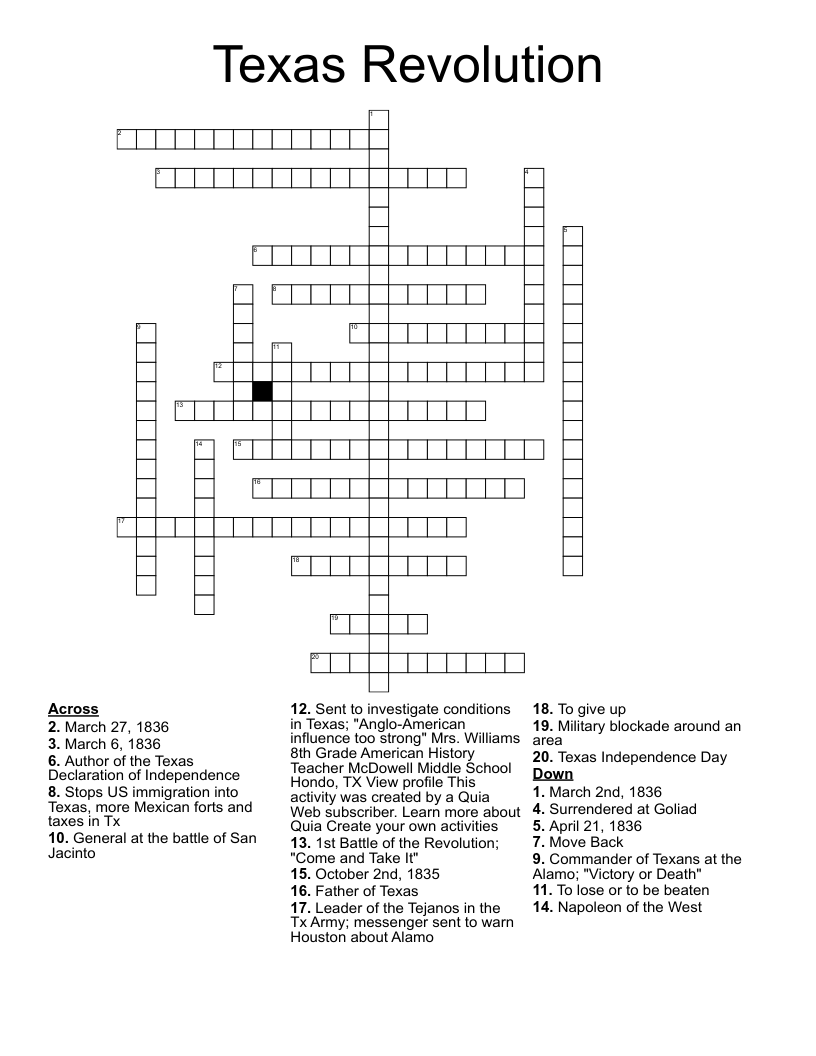 Texas Revolution Crossword