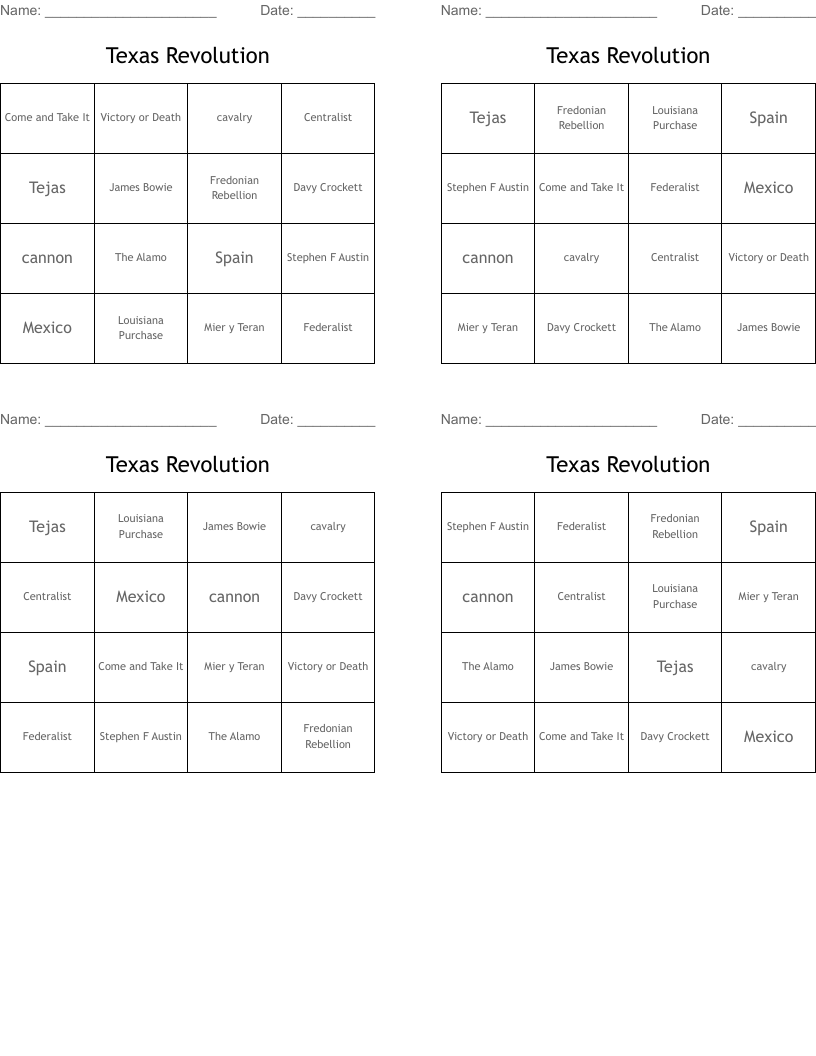 Texas Revolution Bingo Cards