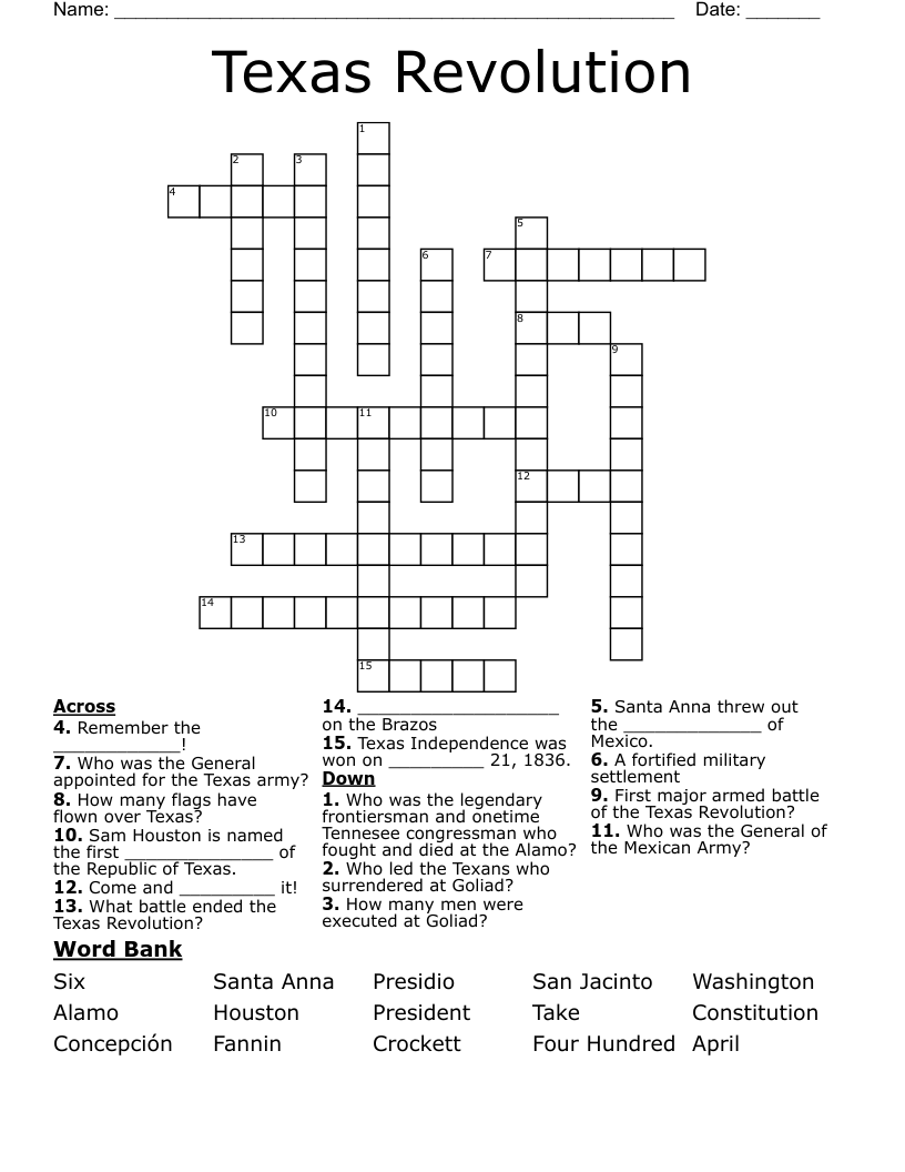 Texas Revolution Crossword