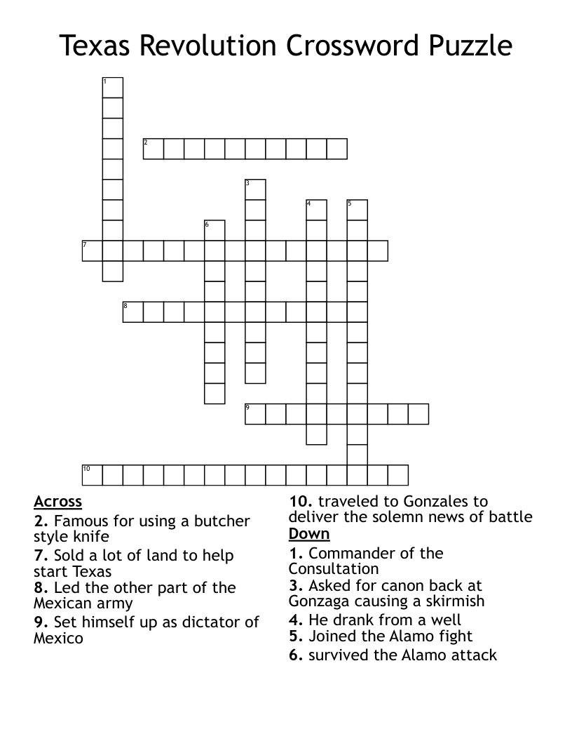 Texas Revolution Crossword Puzzle