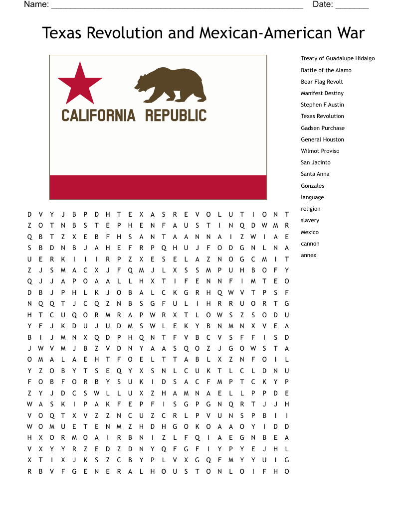 Texas Revolution and Mexican-American War Word Search