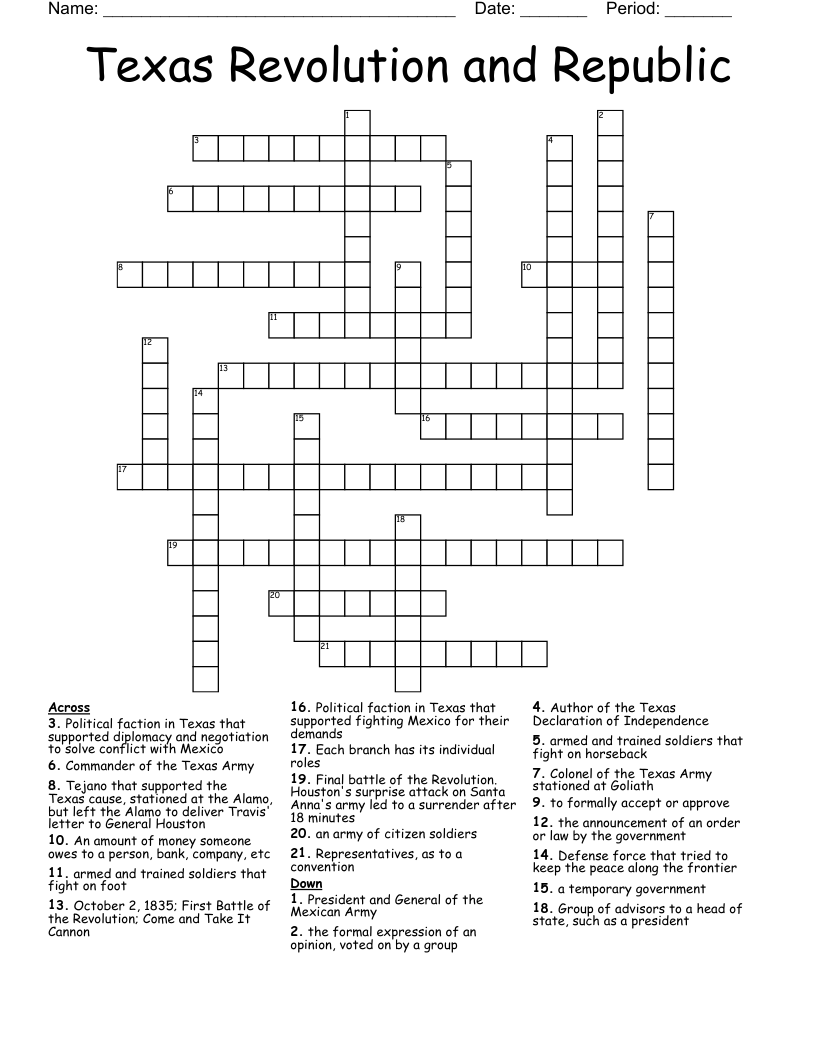 Texas Revolution and Republic Crossword
