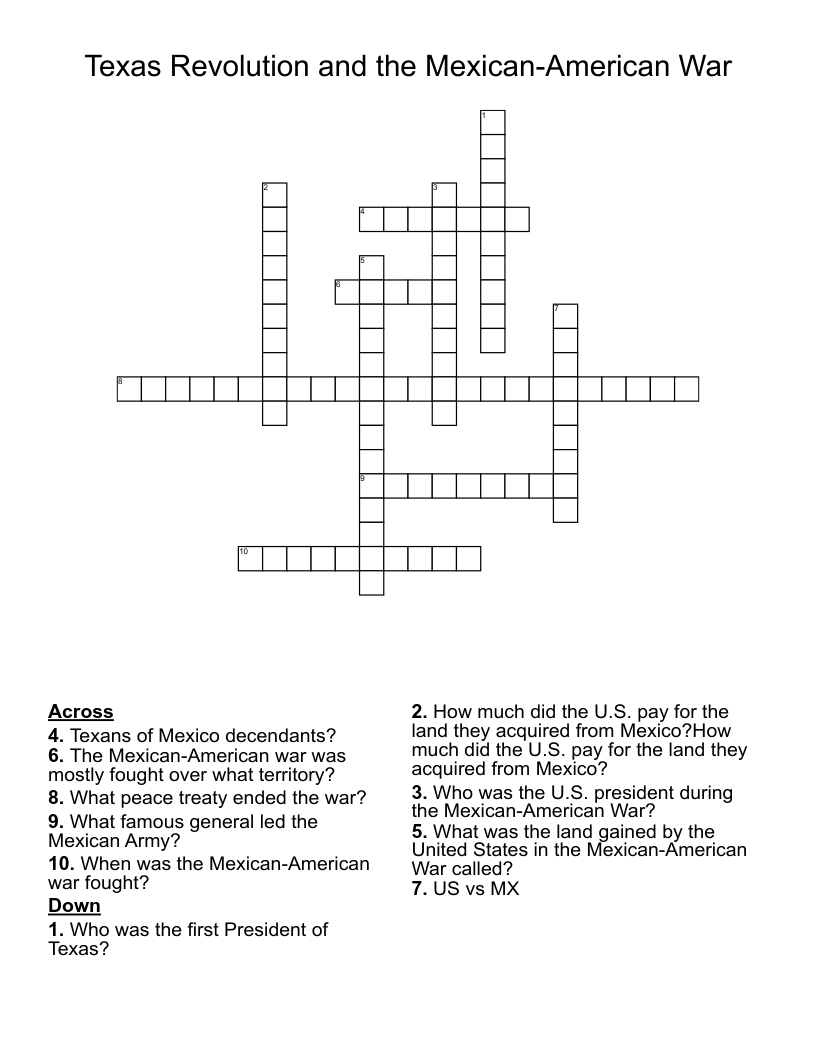 Texas Revolution and the Mexican-American War Crossword