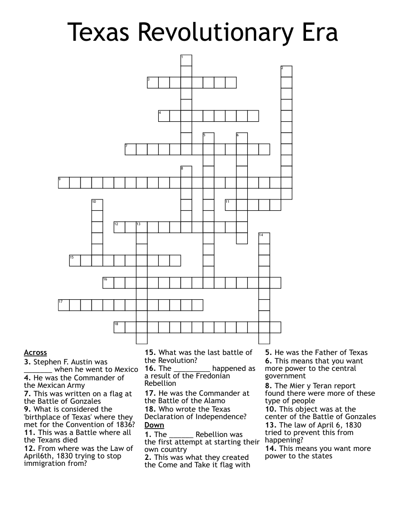 Texas Revolutionary Era Crossword