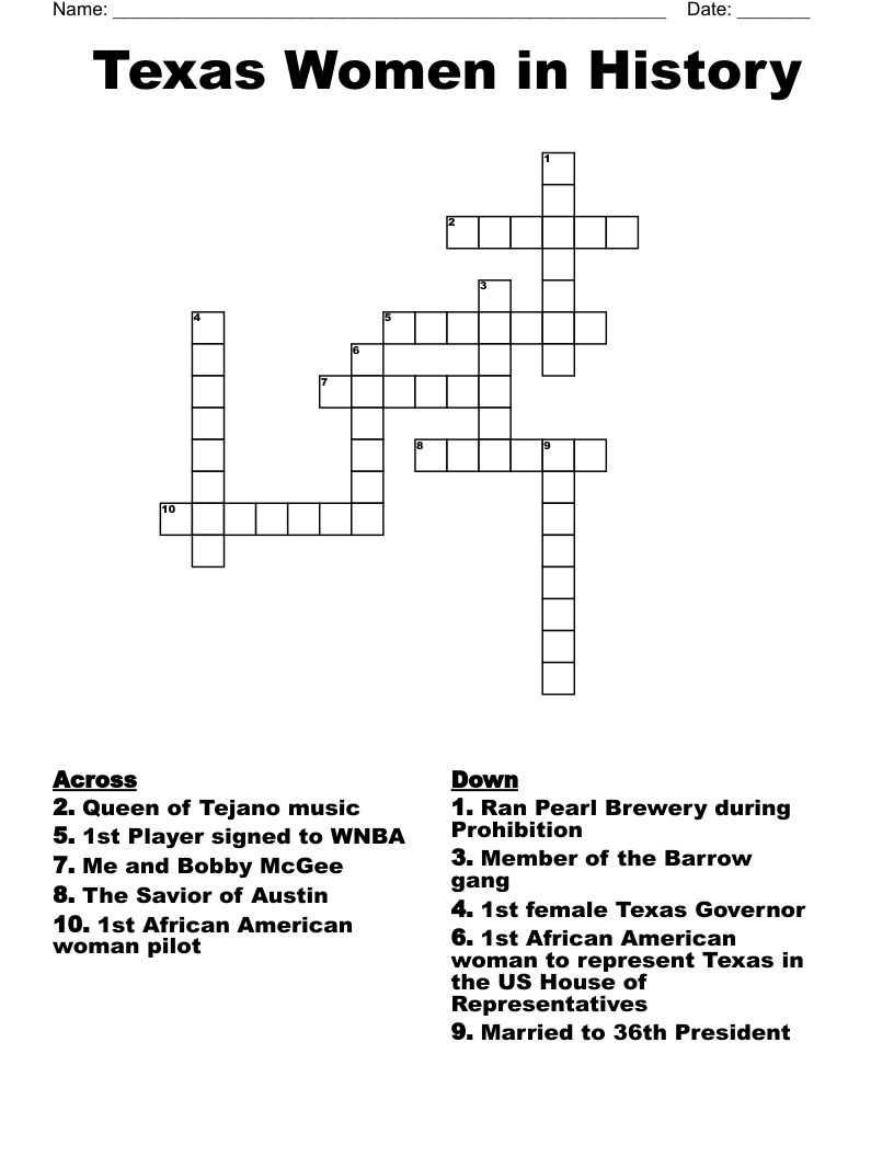 Texas Women in History Crossword