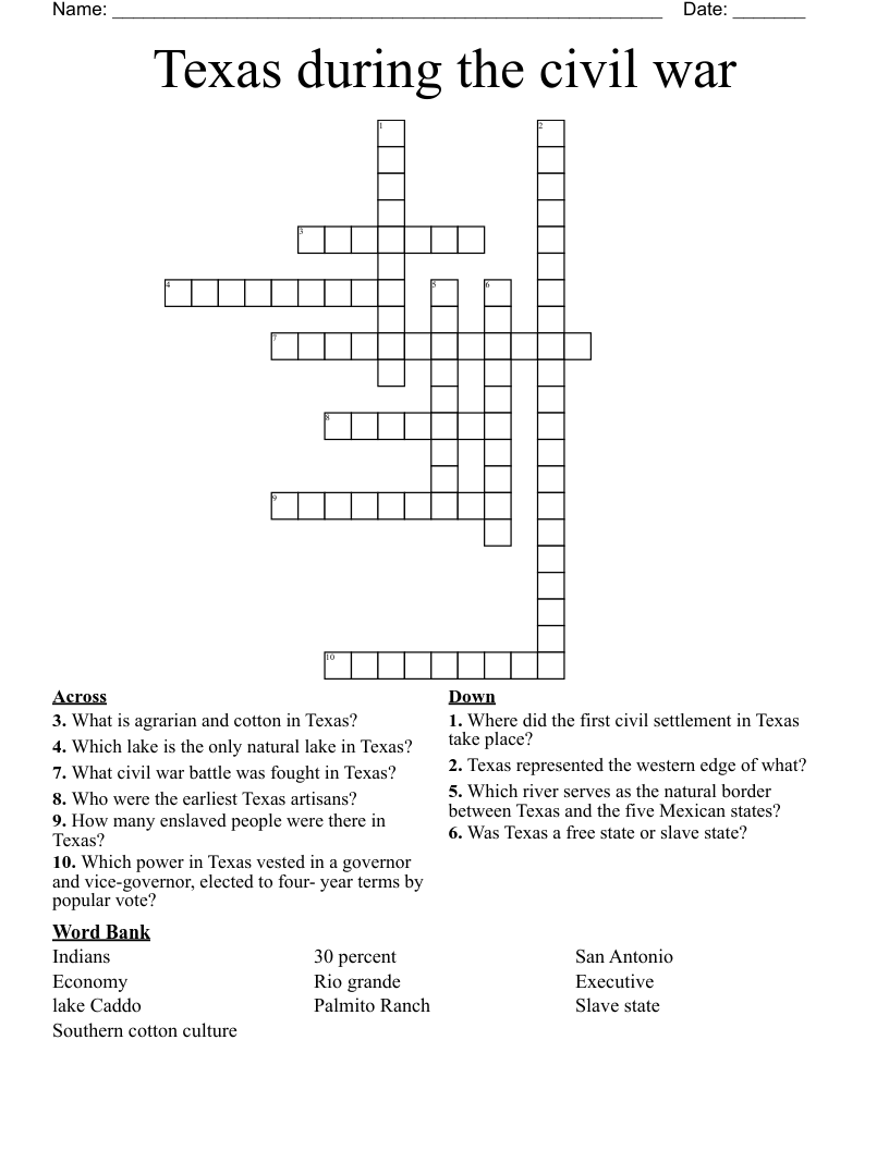 Texas  during the civil war Crossword