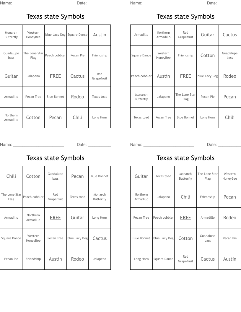 Texas state Symbols Bingo Cards