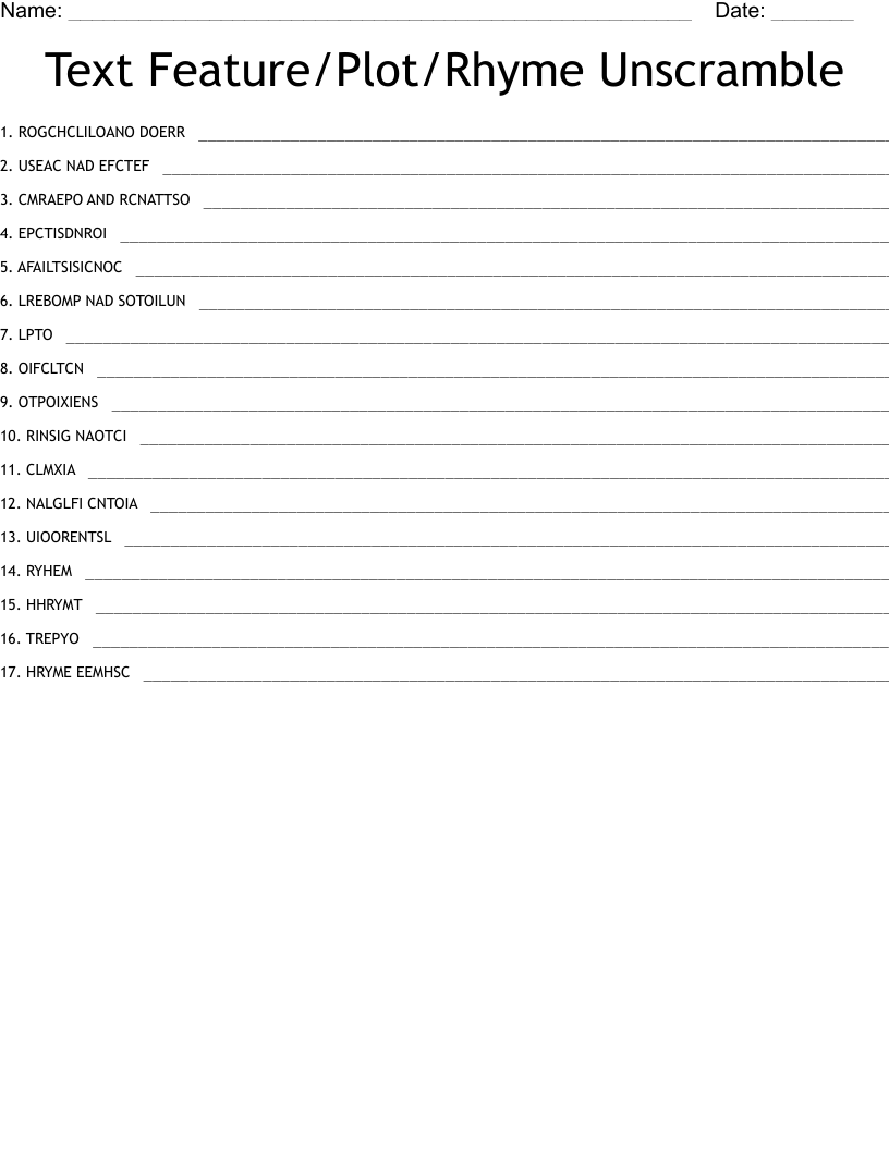 Text Feature/Plot/Rhyme Unscramble