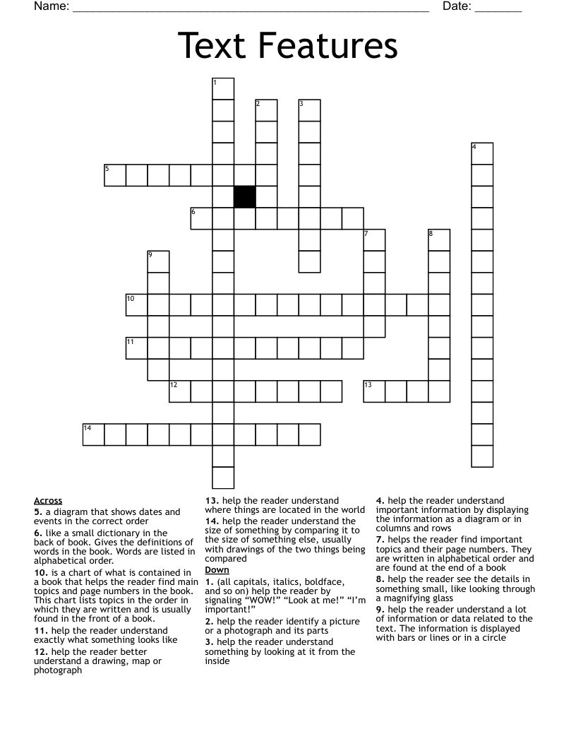 Text Features Crossword