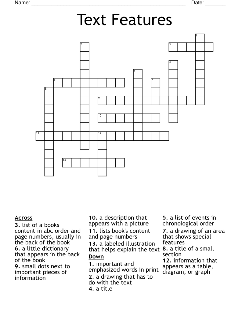 Text Features Crossword