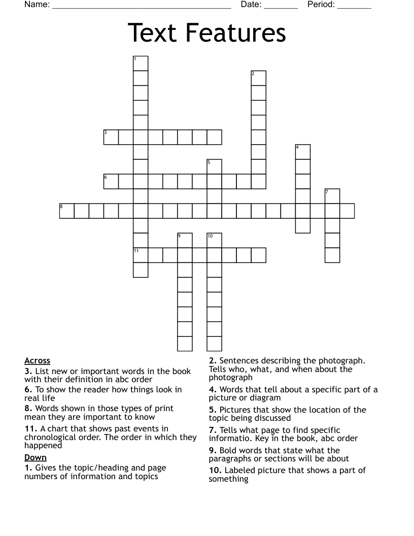 Text Features Crossword