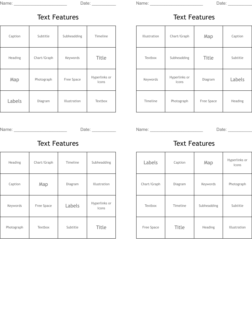 Text Features Bingo Cards