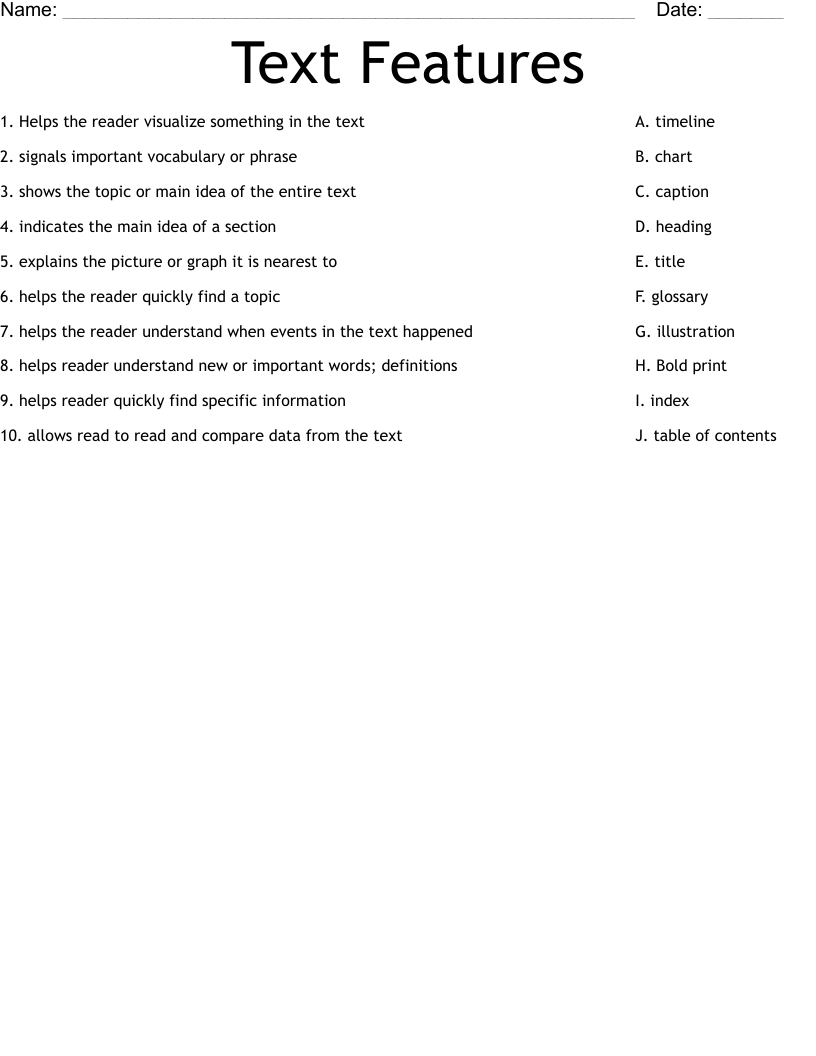 Text Features Worksheet
