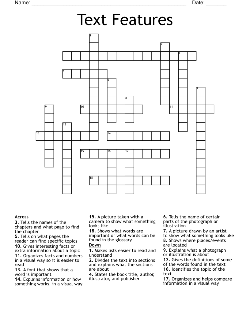 Text Features Crossword