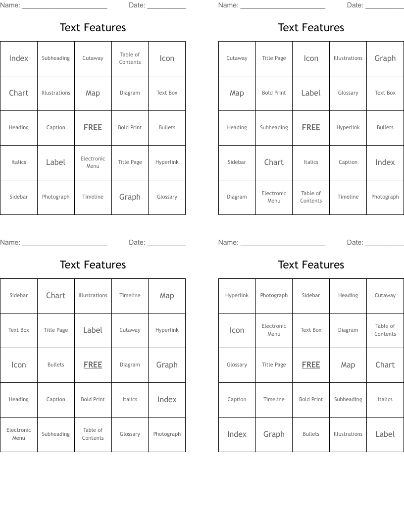 Text Features Bingo Cards
