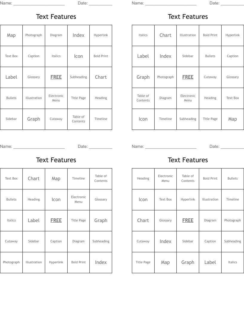 Text Features Bingo Cards