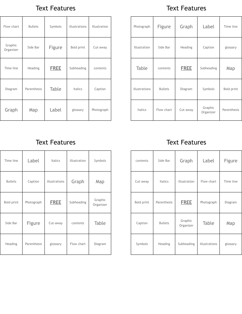 Text Features Bingo Cards