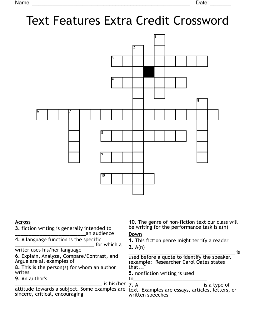 Text Features Extra Credit Crossword