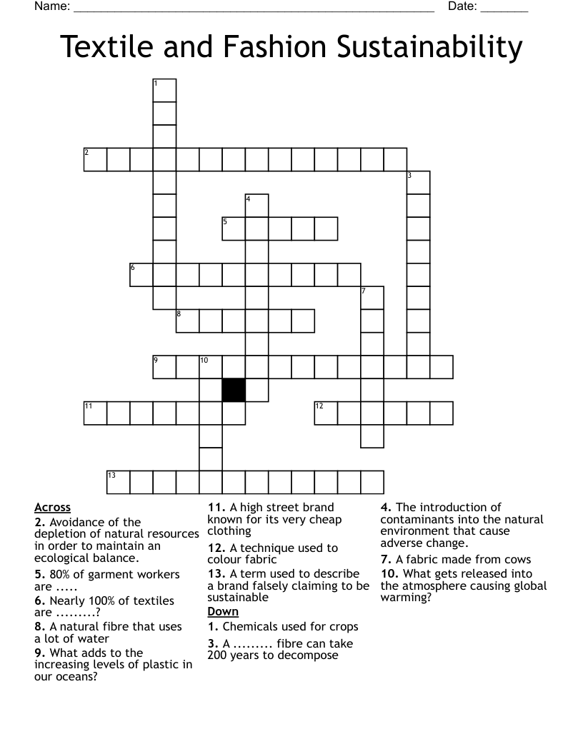 Textile and Fashion Sustainability Crossword