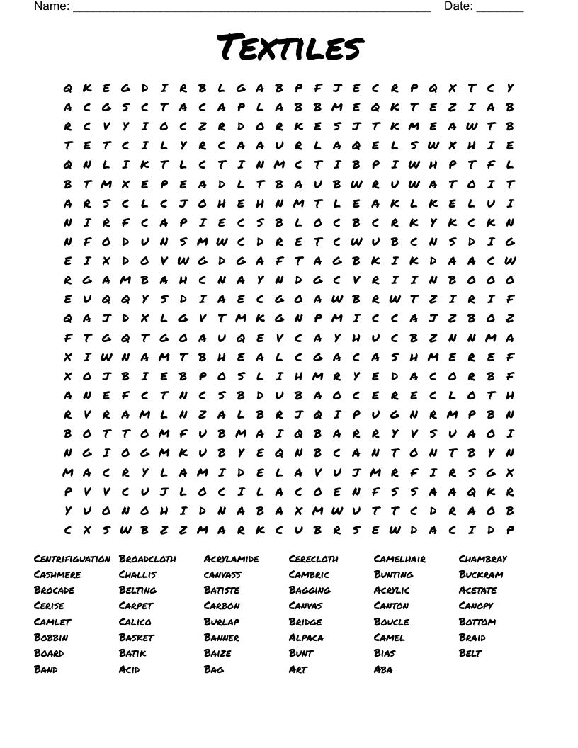 Textiles Word Search