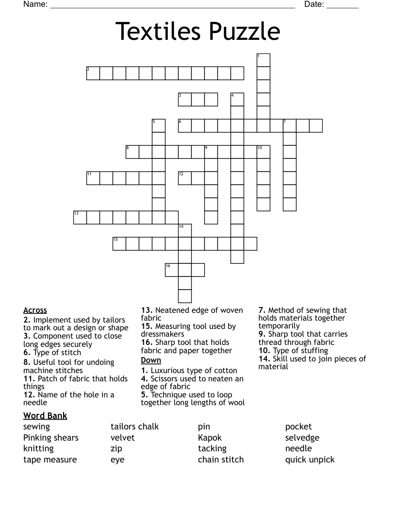 Textiles Puzzle Crossword