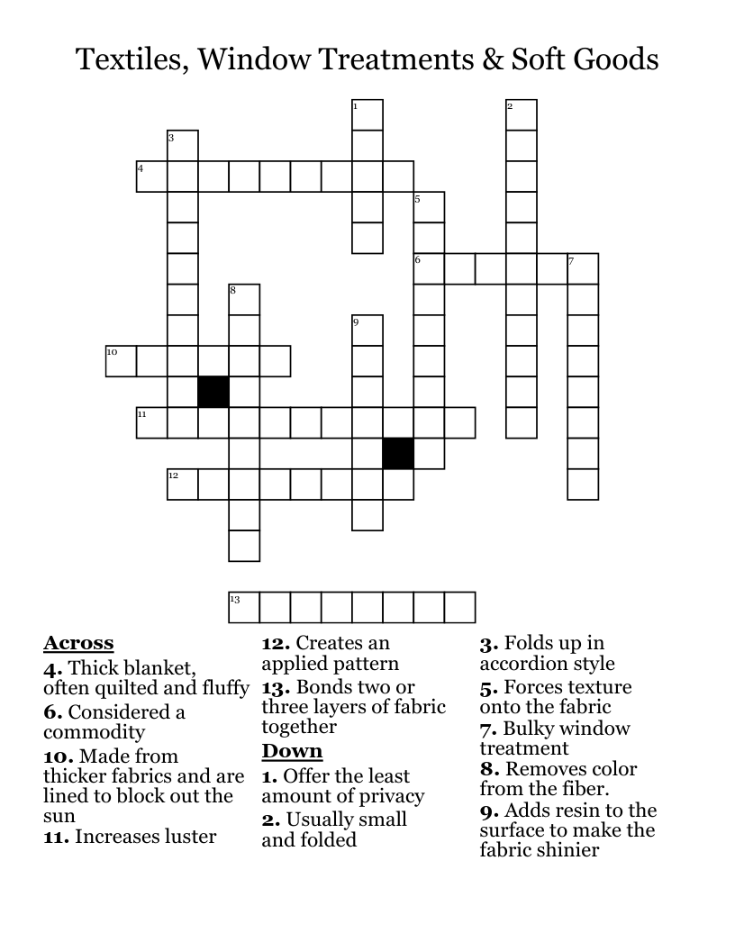 Textiles, Window Treatments & Soft Goods Crossword