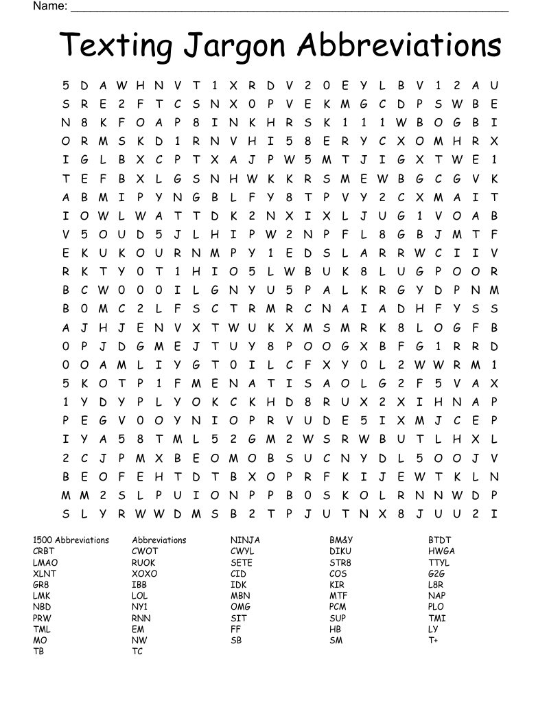 Texting Jargon Abbreviations Word Search