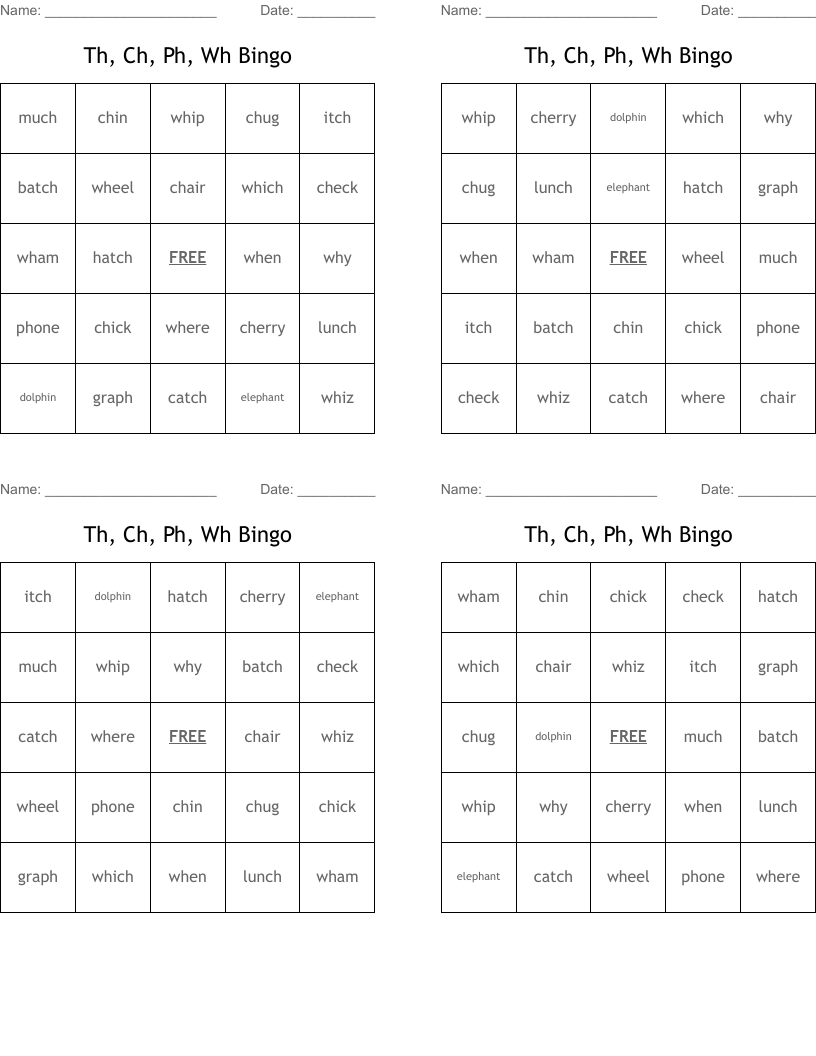 Th, Ch, Ph, Wh Bingo
