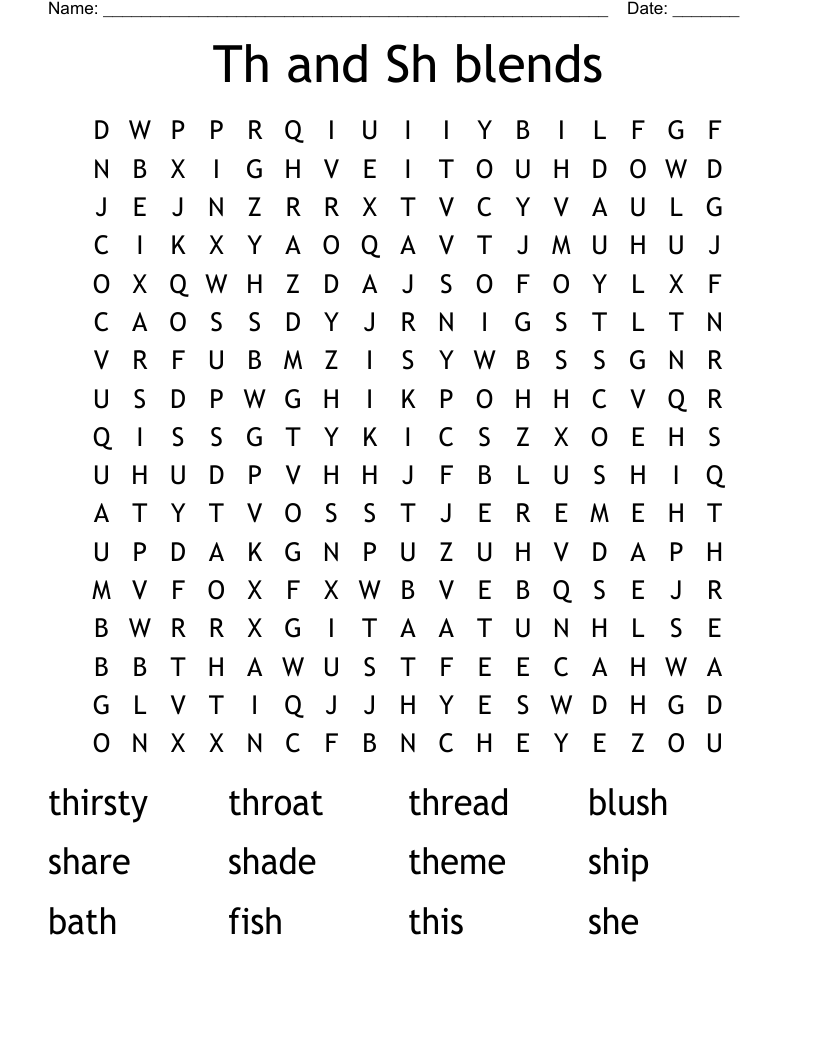 Th and Sh blends Word Search