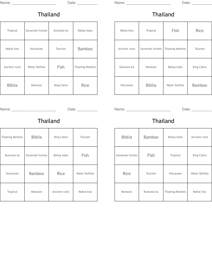 Thailand Bingo Cards