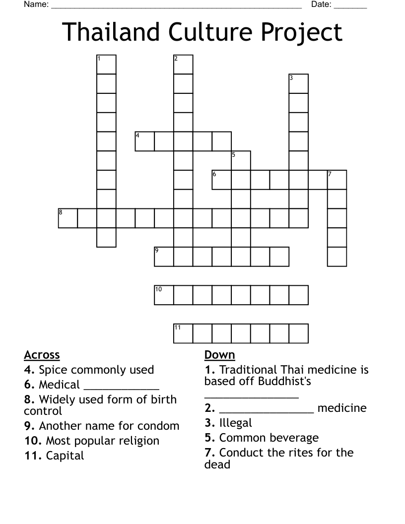 Thailand Culture Project Crossword