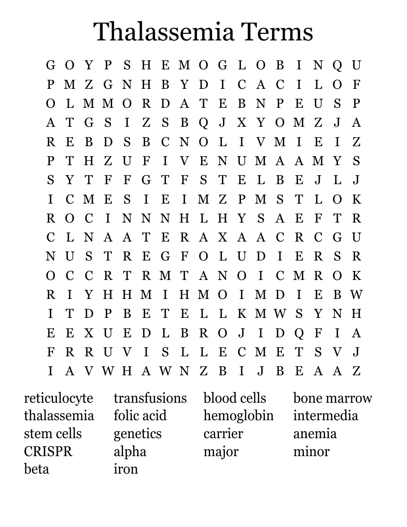 Thalassemia Terms Word Search
