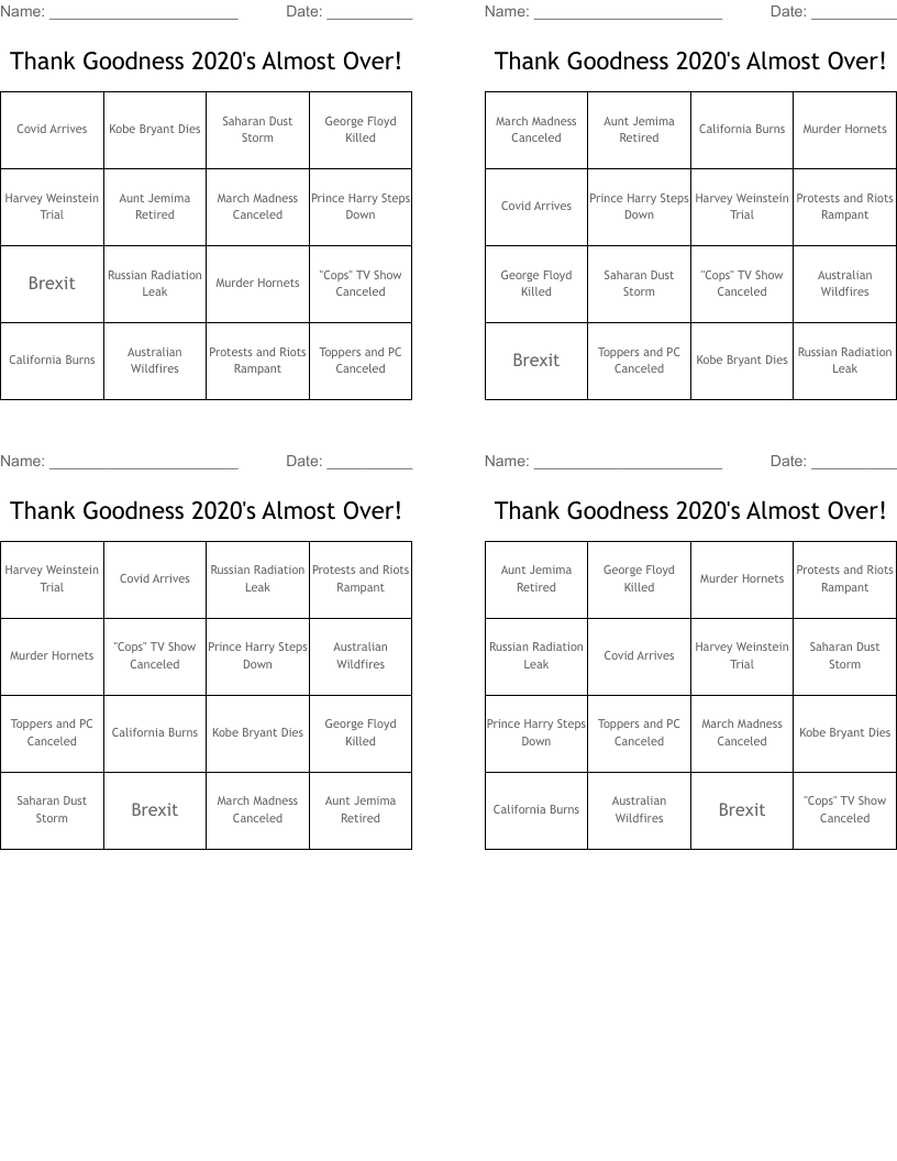 Thank Goodness 2020's Almost Over! Bingo Cards