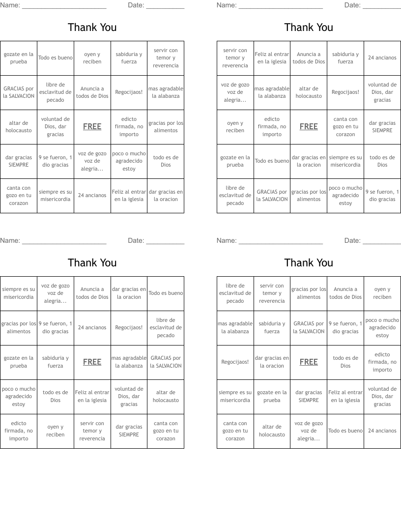 Thank You  Bingo Cards