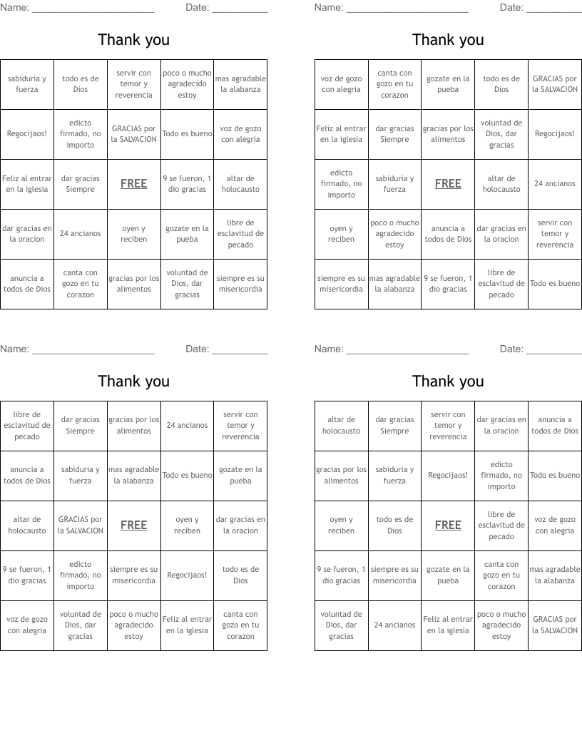 Thank you Bingo Cards
