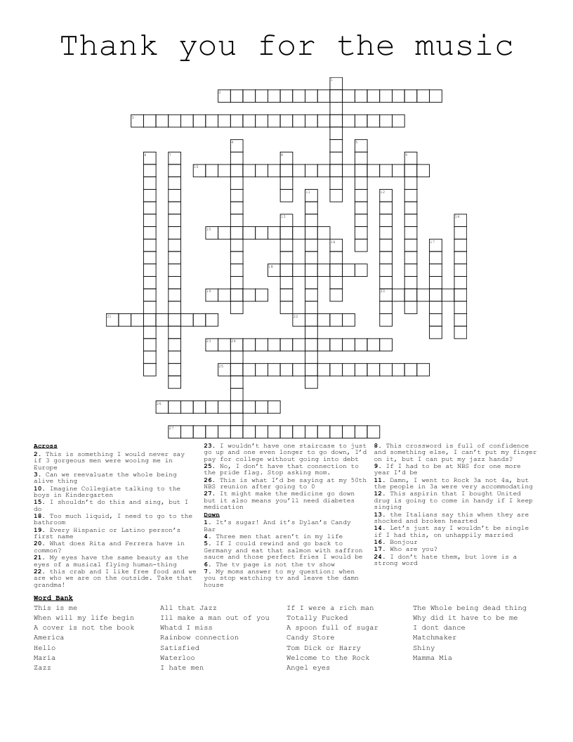 Thank you for the music Crossword
