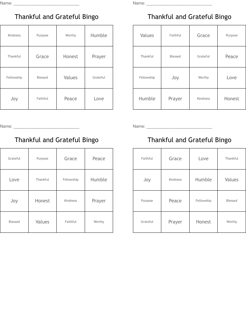 Thankful and Grateful Bingo 
