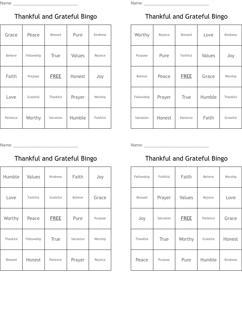 Thankful and Grateful Bingo 
