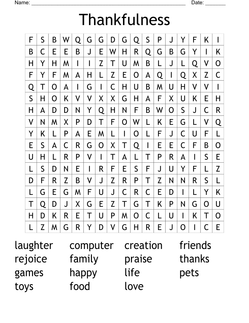 Thankfulness Word Search