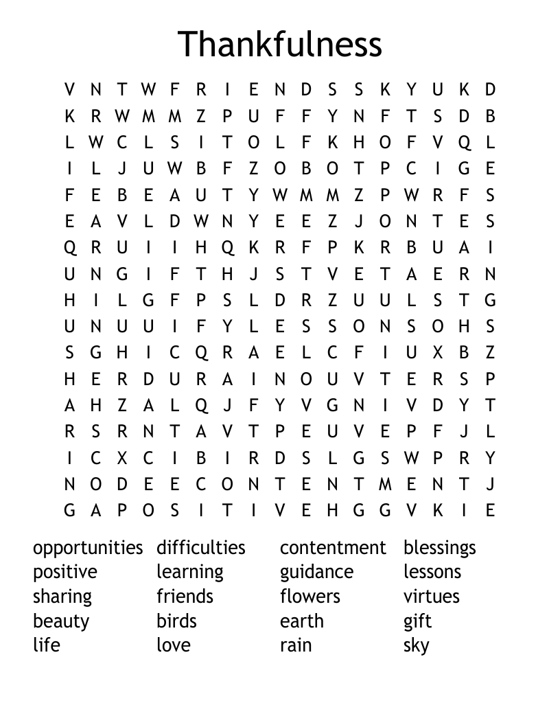 Thankfulness Word Search