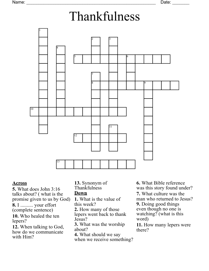 Thankfulness Crossword