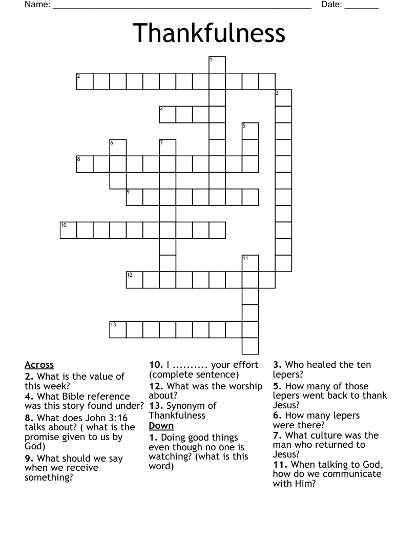 Thankfulness Crossword