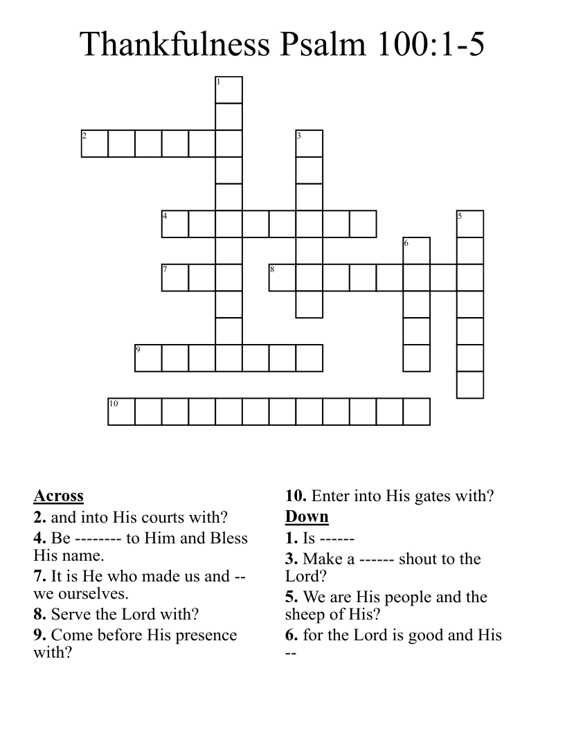 Thankfulness Psalm 100:1-5 Crossword