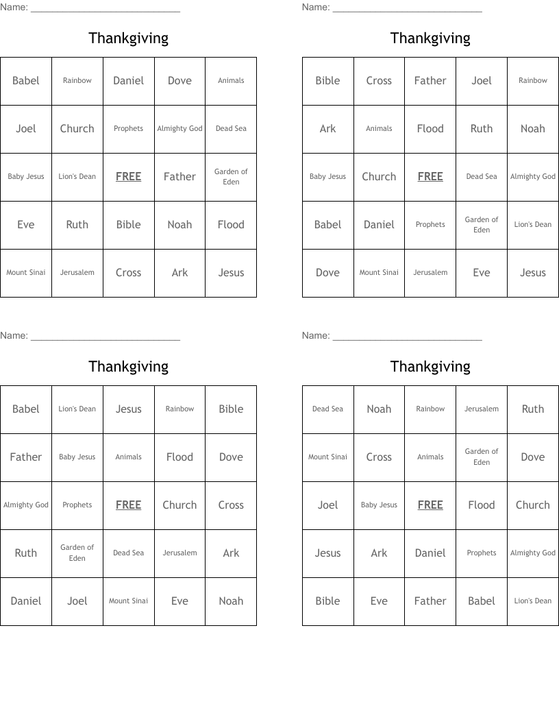 Thankgiving Bingo Cards