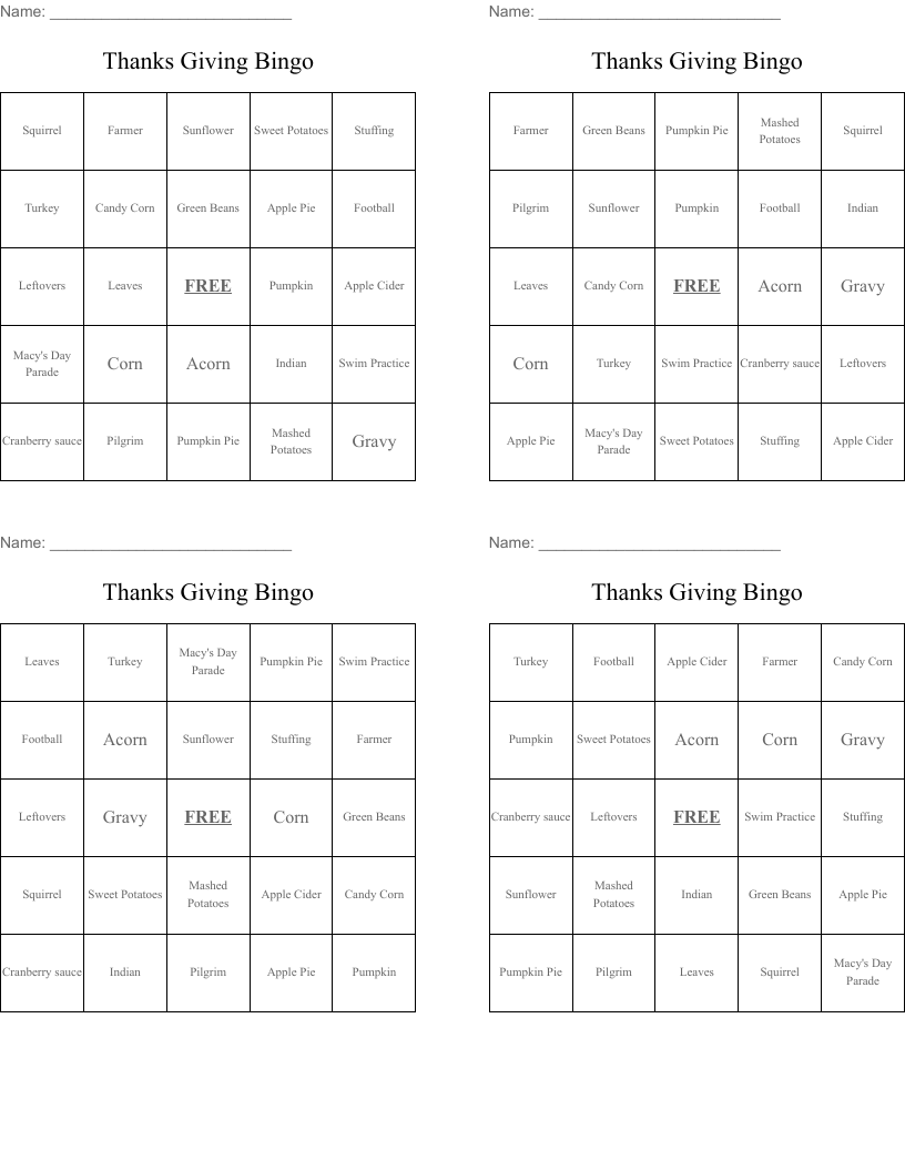 Thanks Giving Bingo 
