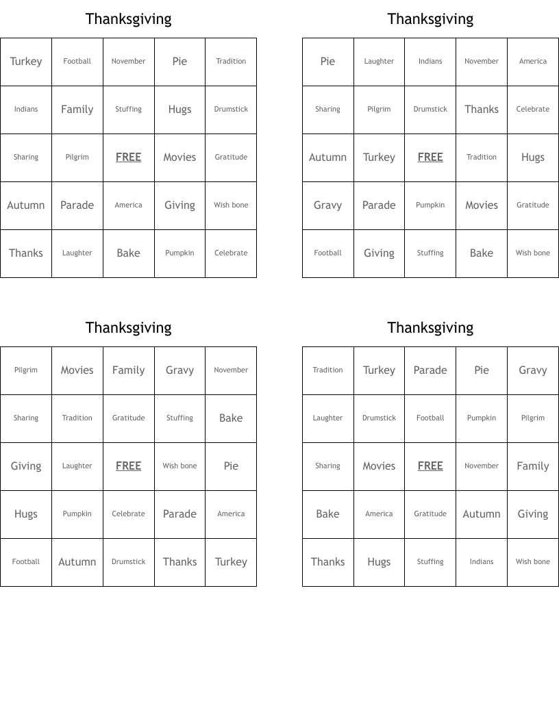 Thanksgiving Bingo Cards