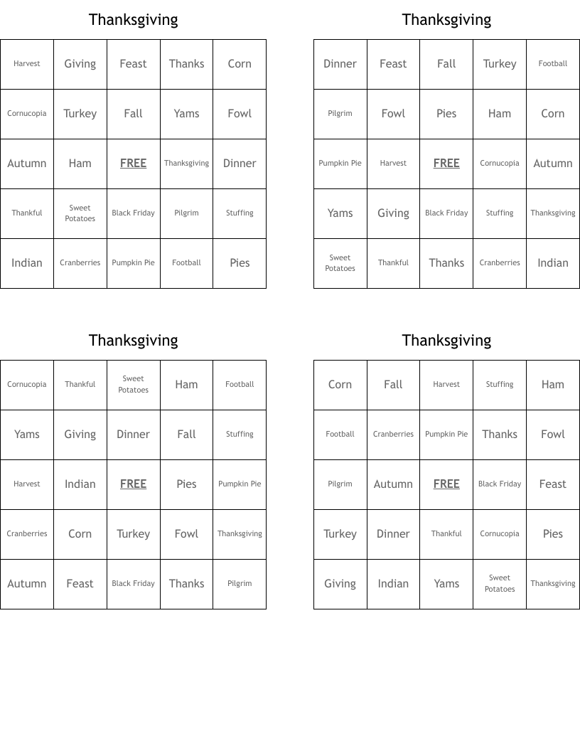 Thanksgiving Bingo Cards