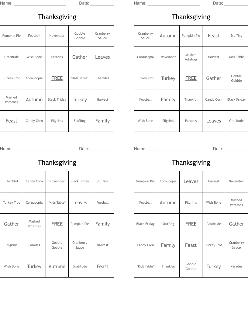Thanksgiving Bingo Cards